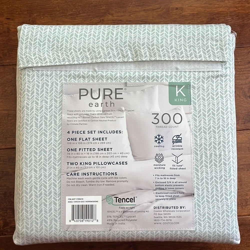 NWT Pure Earth Sheet Set Solid 4-Piece 300 Thread Count Flat Fitted Pillowcase